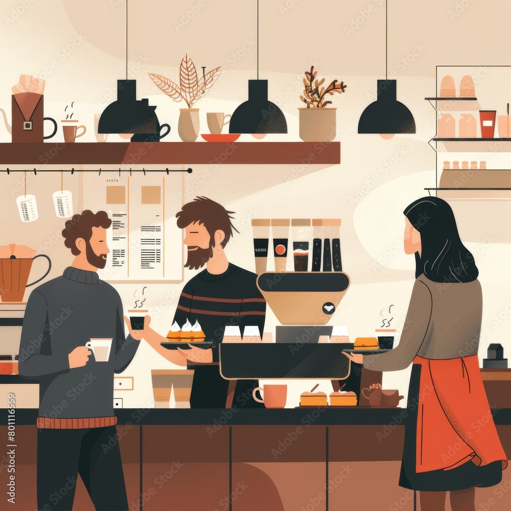 two person working at coffee shop talking to a client vector graphic two person working at coffee shop talking to a client vector graphic