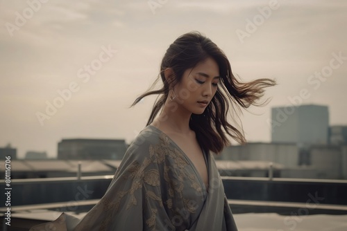 japanese woman standing on the rooftop outdoors
