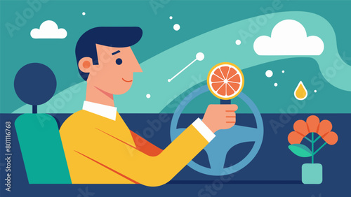 While driving a man uses a car diffuser to infuse his commute with the energizing scents of citrus and peppermint helping him to stay alert and.