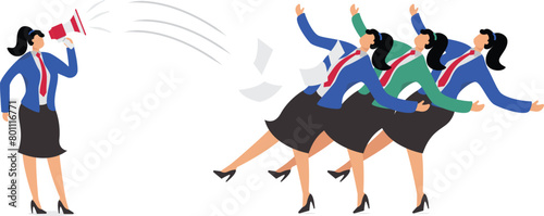 Roaring megaphone scolding a row of businesswomen