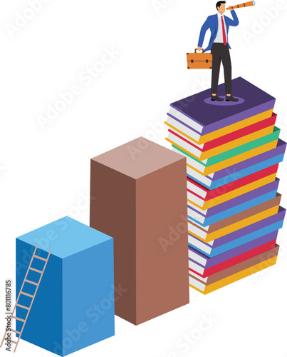 Businessman holding binoculars while standing on stacked books