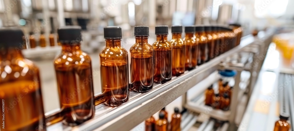 Pharmaceutical plant  glass bottles on automated conveyor belt in industrial manufacturing setting