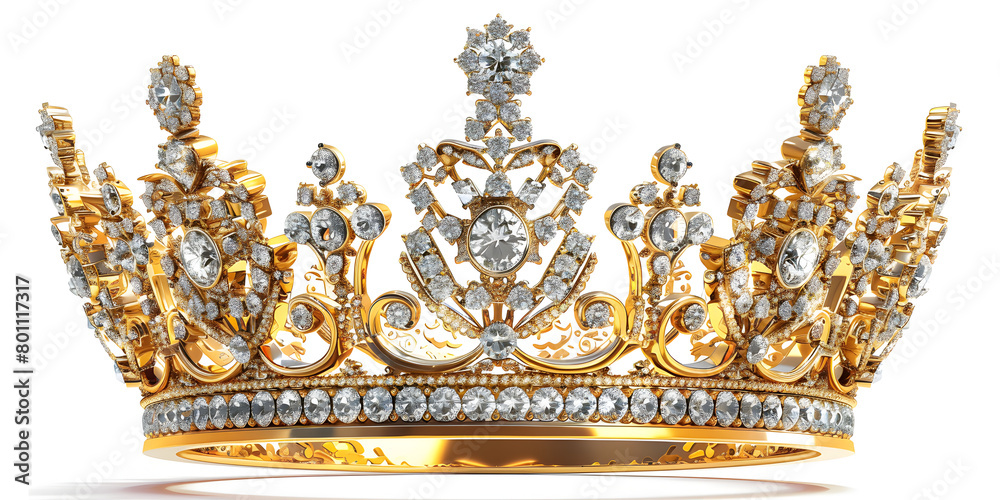 Elegant golden crown with precious stones on a white background. Generated by artificial intelligence,
Regal golden emperor crown of a king on white background. 3D rendering luxury royal king gold.