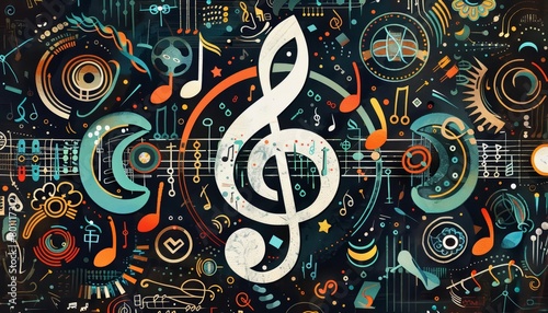 Generate an artistic interpretation of a musical symbol note surrounded by various symbols and motifs symbolizing different genres and styles of music photo