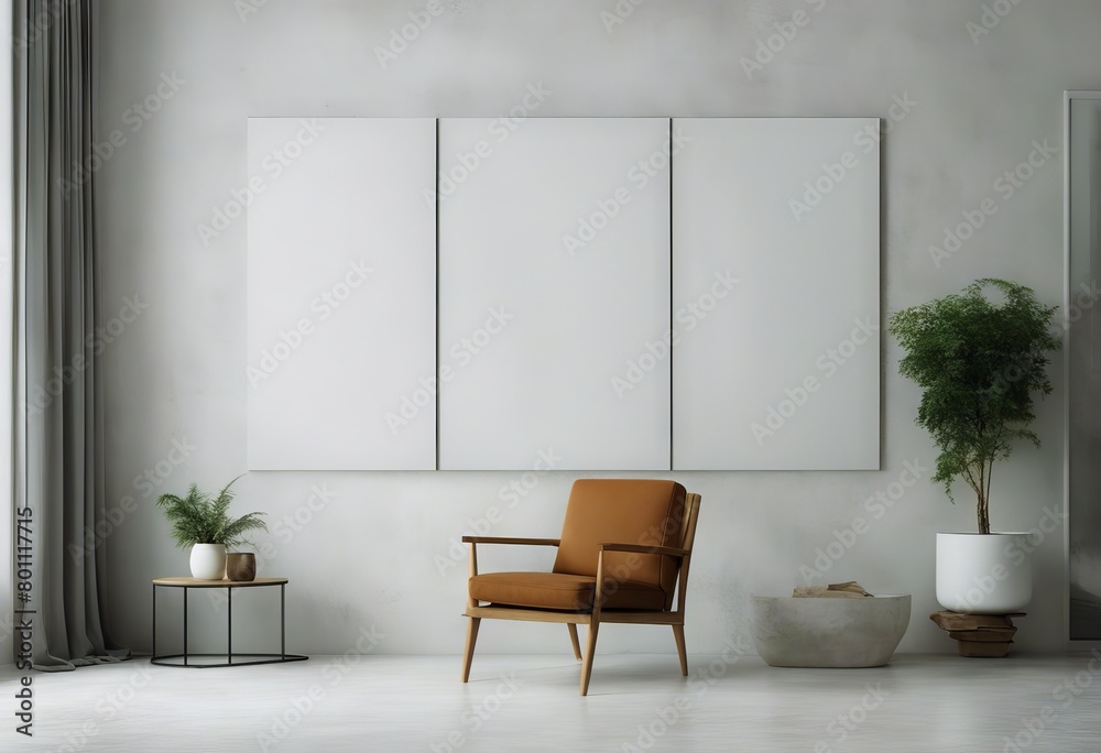 Fototapeta premium empty canvas mockup concrete 3d white interior armchair background Minimalist wall