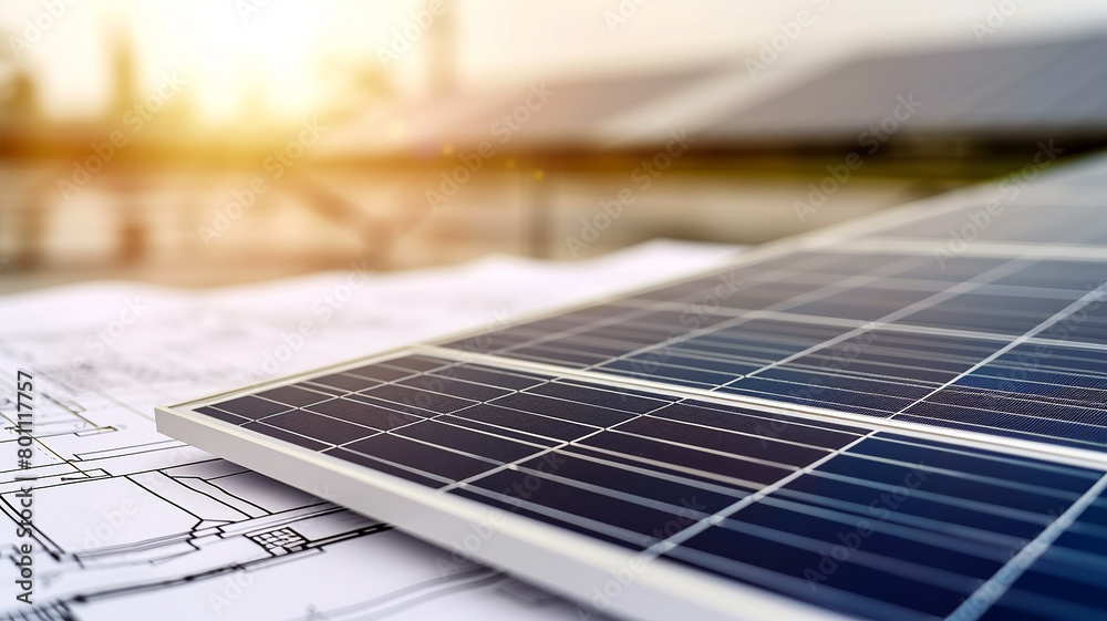 Fototapeta premium Construction project on the background of solar batteries, image of green energy