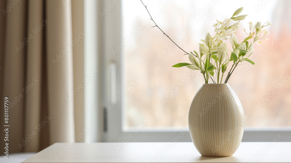 White vase with flowers on the background of a window in daylight close-up White vase with flowers on the background of a window in daylight close-up