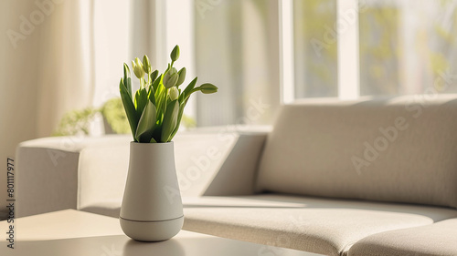 A white vase with flowers in the interior of the room on the background of a white sofa and window