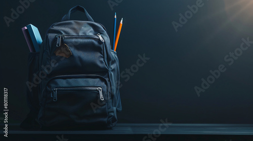 Stylish school backpack with stationery on dark background photo