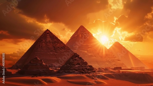 The sun is shining on the pyramids of Egypt  creating a warm