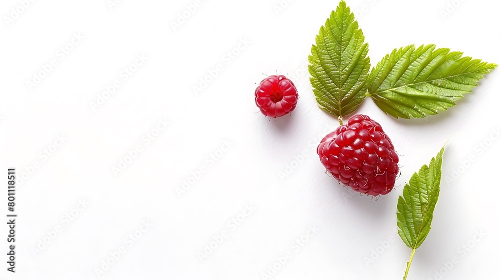 A Vibrant Display of Fresh Raspberries and Lush Green Leaves Isolated on a White Background A Vibrant Display of Fresh Raspberries and Lush Green Leaves Isolated on a White Background
