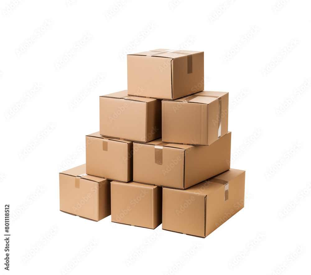 stacked cardboard boxes on a plain transparent background, symbolizing logistics and packaging. Generative AI
