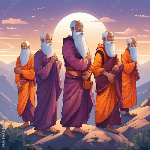five old ascetic with red cloths on mountain illustration photo