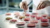 Cultured meat concept, a laboratory setting presents a petri dish nurturing lab - grown meat, promising sustainable food solutions