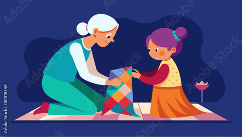 In one corner a grandmother carefully guides her grandchilds hands passing down the tradition of storytelling through quilting.. Vector illustration