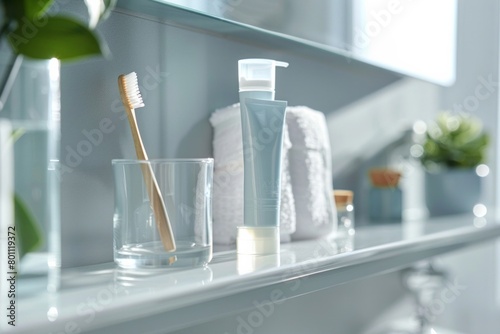 A bathroom shelf with a toothbrush, a glass, and a tube of toothpaste photo