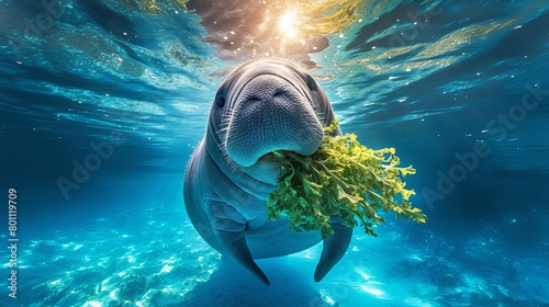 A happy manatee swimming underwater, catching a sea lettuce in its mouth, with a joyful face, oversized eyes, adorable, photography, blue water, sunny, mobile phone wallpaper  photo