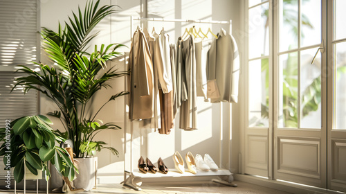 Simple Room with Clothes Rack and Plants photo