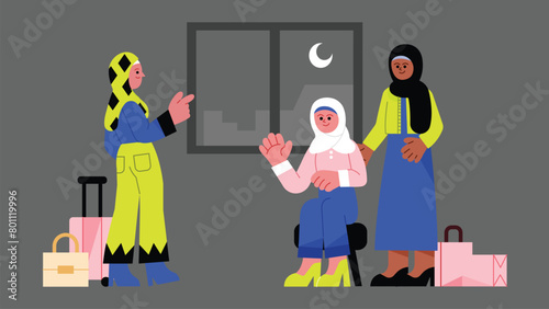 Arabian woman headscarf. Types of traditional Muslim women clothing. Burqa, niqab, chador, hijab. Arabic people. Cartoon flat vector illustration. Objects isolated on a dark background.