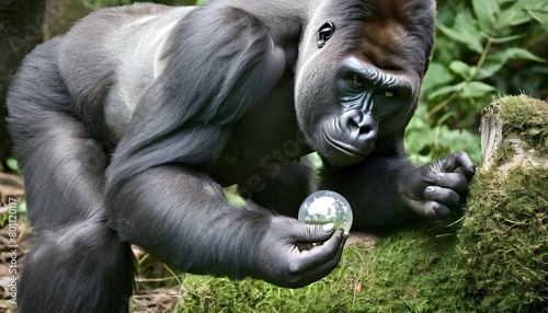 A Curious Gorilla Examining A Strange Object With