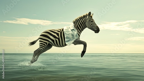A zebra wearing a shirt outfit flying across the ocean  photography  