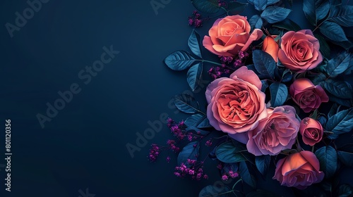 Chinese rose bouquet  rich navy blue background  floral design magazine cover  elegant evening light  slightly offcenter composition