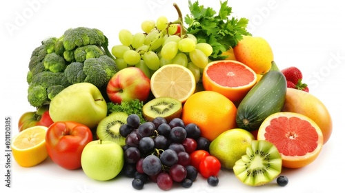 photo of various fresh vegetables and fruits in white background