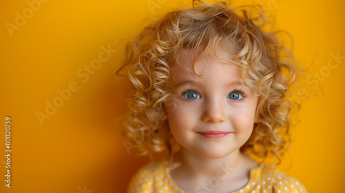 portrait of a cute little girl on a yellow background in the studio, space for text