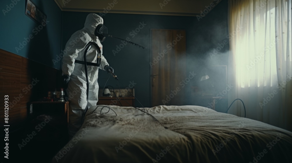 Faceless pest control worker in a protective suit sprays insect poison in bedroom