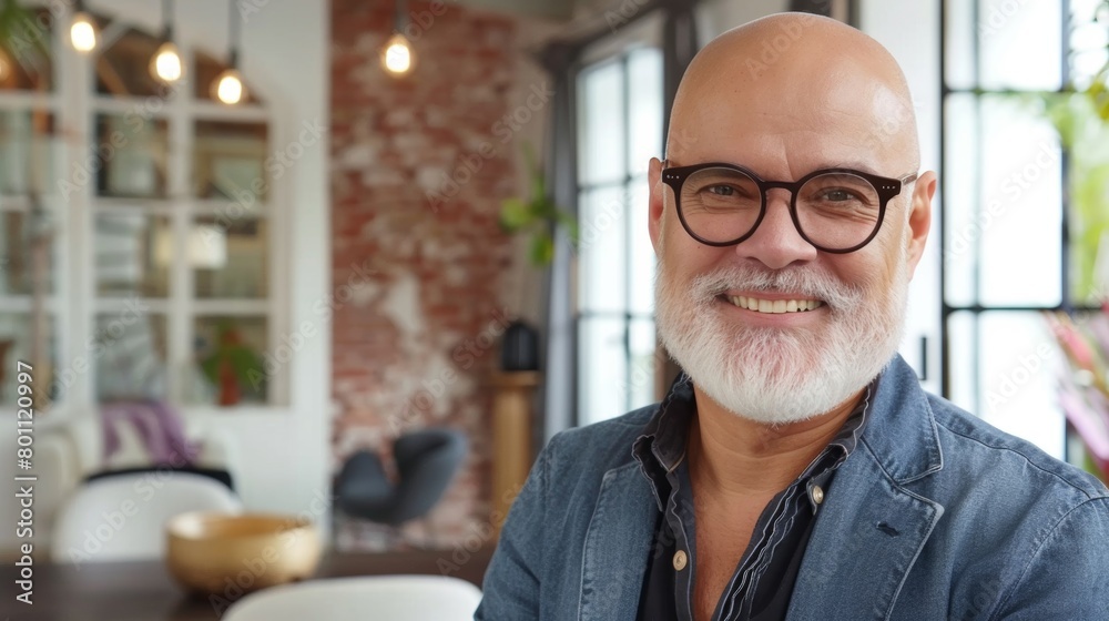 Mature bald man with glasses and a beard smiling confidently in a cozy, well-lit home environment. Mature bald man with glasses and a beard smiling confidently in a cozy, well-lit home environment.