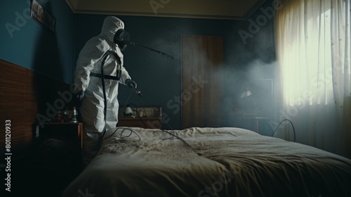Faceless pest control worker in a protective suit sprays insect poison in bedroom © Usman
