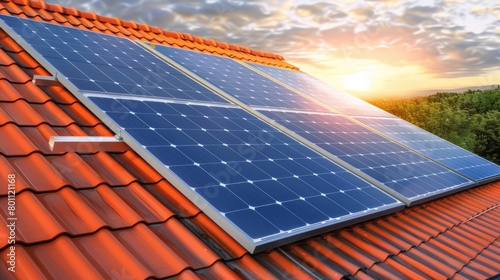 Solar panels installed on a house roof capturing the golden sunlight at sunset, representing renewable energy.