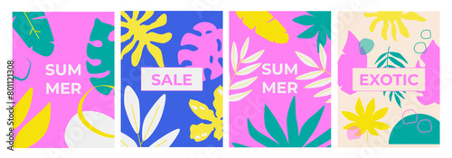 Abstract summer layout set. Bright tropical leaves and modern typography. Summer overlay promo set. Modern cards, posters, covers, flyers, banners. Juicy background template.