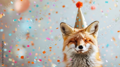 Cheerful fox wearing a party hat with colorful confetti falling.