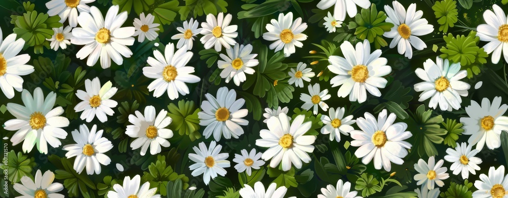 Topview Field of white daisy flowers, Anime style Topview Field of white daisy flowers, Anime style