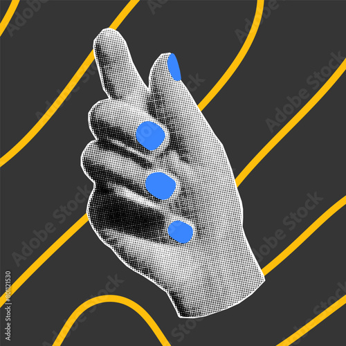 Halftone collage illustration of hand gesture with neon short blue nails on dark background. Yellow bright doodle elements, nail salon.