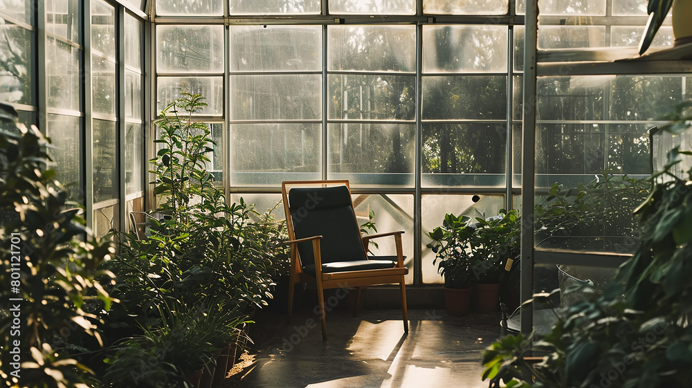 An armchair against the background of panoramic glass windows of a greenhouse among green plants