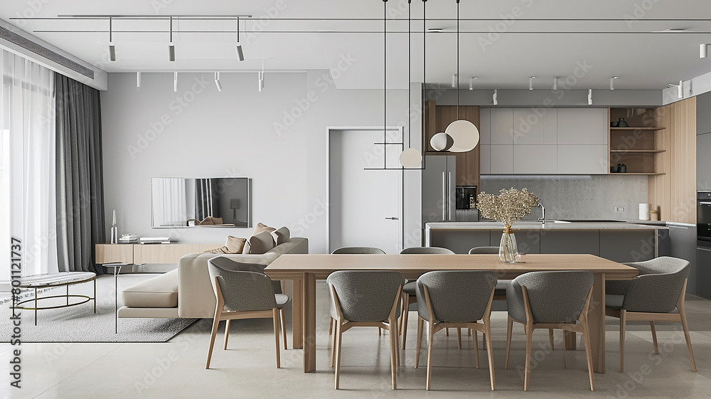 Cozy light dining room, modern interior design with dining table Cozy light dining room, modern interior design with dining table