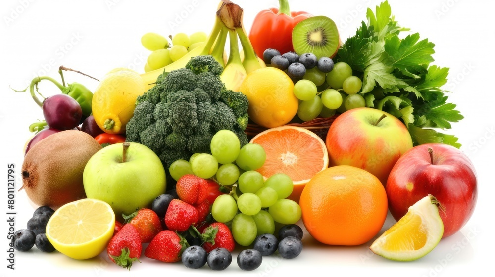 photo of various fresh vegetables and fruits in white background