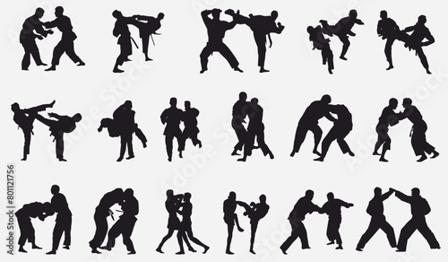 mix martial arts, Kungfu, boxing, karate, kick boxing, jujitsu, taekwondo, sumo, mauy thai. Silhouette vector illustration.	