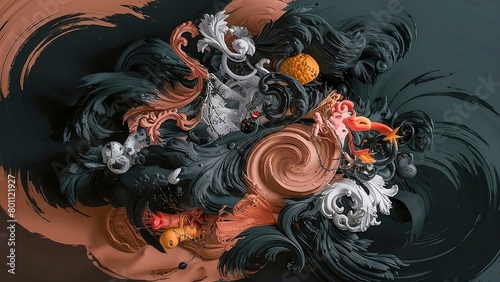 Abstract background with a mix of baroque and fauvism, black, dark gray and brown colors