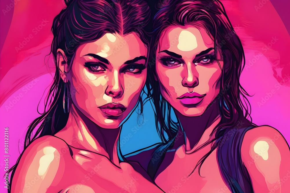 Fototapeta premium A captivating artistic portrayal of a lesbian couple radiating love, intimacy, and connection, celebrating diversity and romance.