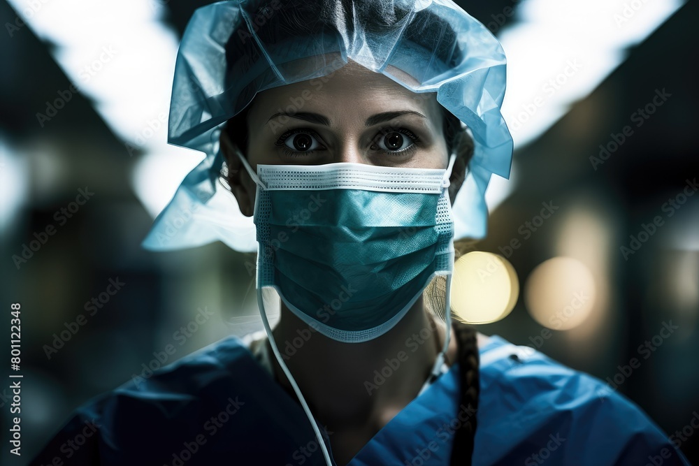 A female healthcare worker wearing scrubs and a surgical mask during the COVID pandemic. Generative AI