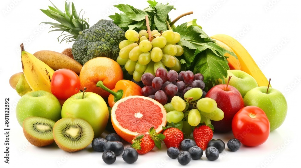 photo of various fresh vegetables and fruits in white background