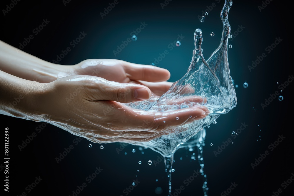 A persons hand holding water flowing from a faucet, demonstrating personal hygiene during covid. Generative AI