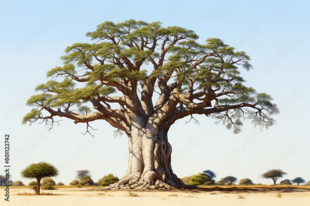 A large baobab tree stands alone in the middle of a desert