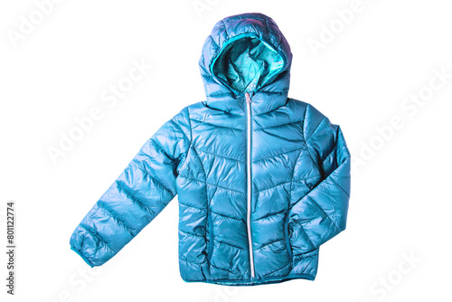 Winter jacket isolated. A stylish blue warm down jacket with for the kids isolated on a white background. Clipping path. Childrens wear for winter.