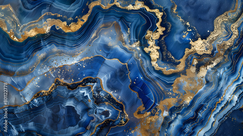 abstract background blue marble agate granite mosaic with golden veins mosaic marble background. Generative AI.