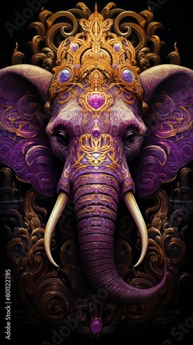 A purple elephant with golden decorations on its head and trunk  standing in front of a black background.