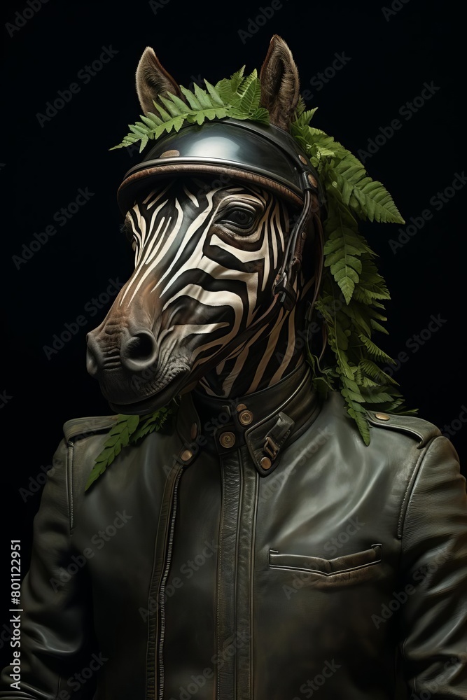A zebra wearing a motorcycle helmet and a leather jacket.